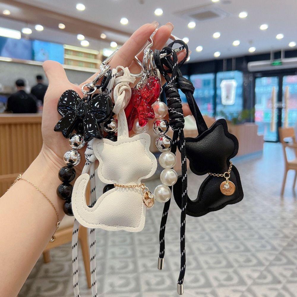 Pearl String Cat Bead Rope Keychain Bowknot Bag Hanging Charms Leather Cat Pendant  Couple