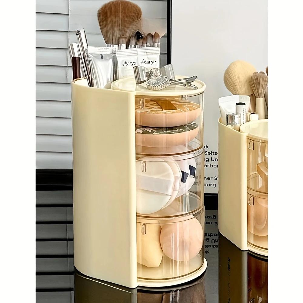 Rotating Multi-Layer Vanity Organizer: Puff, Eyebrow Pencil & Pen Holder
