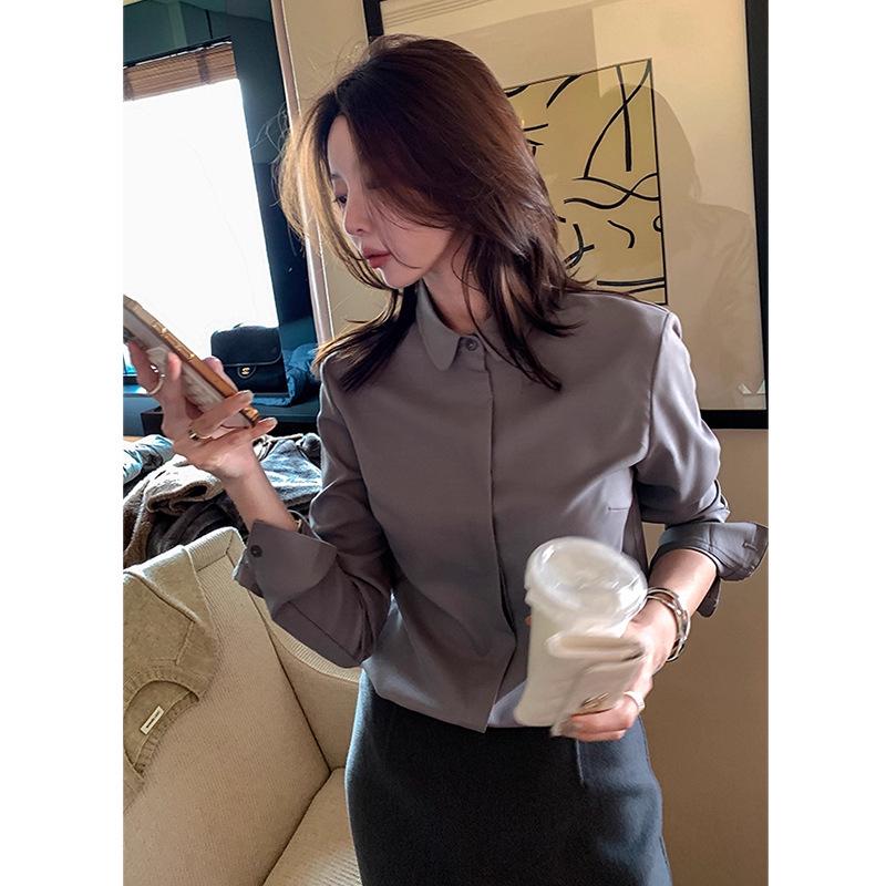 Women s White Professional Lapel Shirt, Early Spring 2026 - French Design, Long Sleeve, Niche Style XL серый