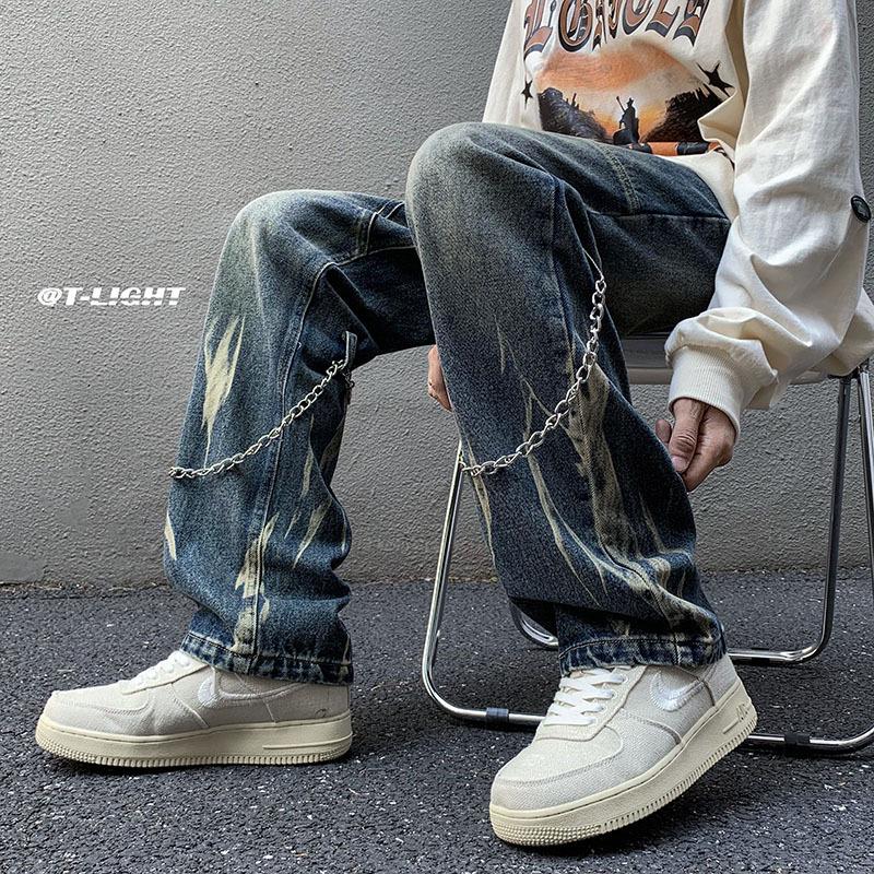 Men's Tie-Dyed Straight-Leg Jeans - Trendy, Thickened, Cool, and Street-Friendly Wide-Leg Trousers for Autumn & Winter.