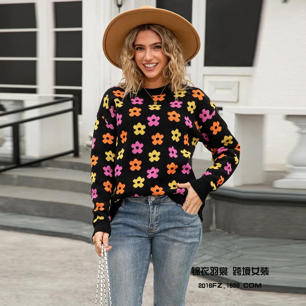 Warmes Strickoberteil mit Blumenmuster und langen Ärmeln für Damen, Herbst Neu, Pullover mit Rundhalsausschnitt für Damen, vielseitig