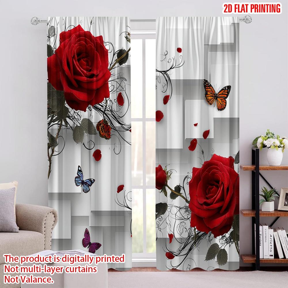 2pcs 2D flat printing Window Curtains Red Rose Butterfly Cubes Digital Printed Polyester Drapes Holiday Decorations Use for 100*130 Rod Pocket 1pcs