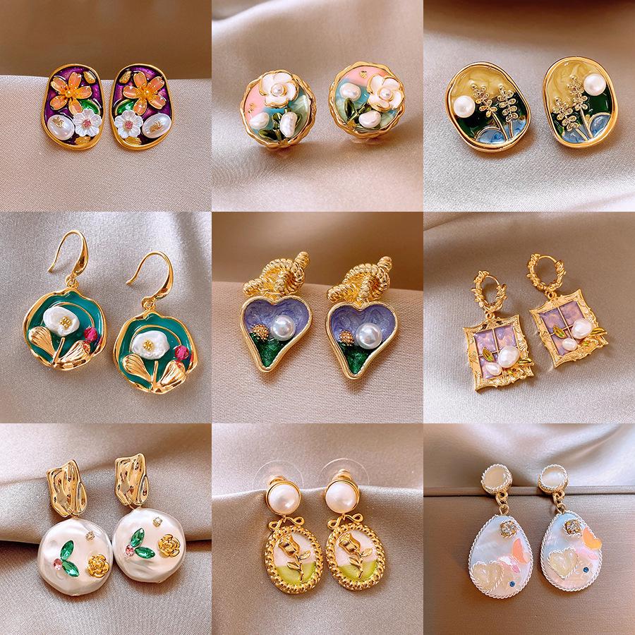 Monet Garden Style Oil Painting Baroque Pearl Earrings - French Court Inspired Light Luxury Accessories