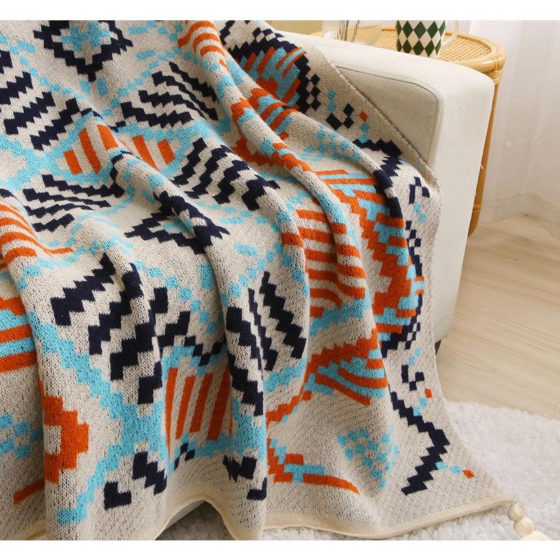 Blanket Multifunctional Boho Knitted Throw Vintage Wave Tassel Blanket for Sofa Couch Window Seat Lightweight Nap Air Conditioning Blanket