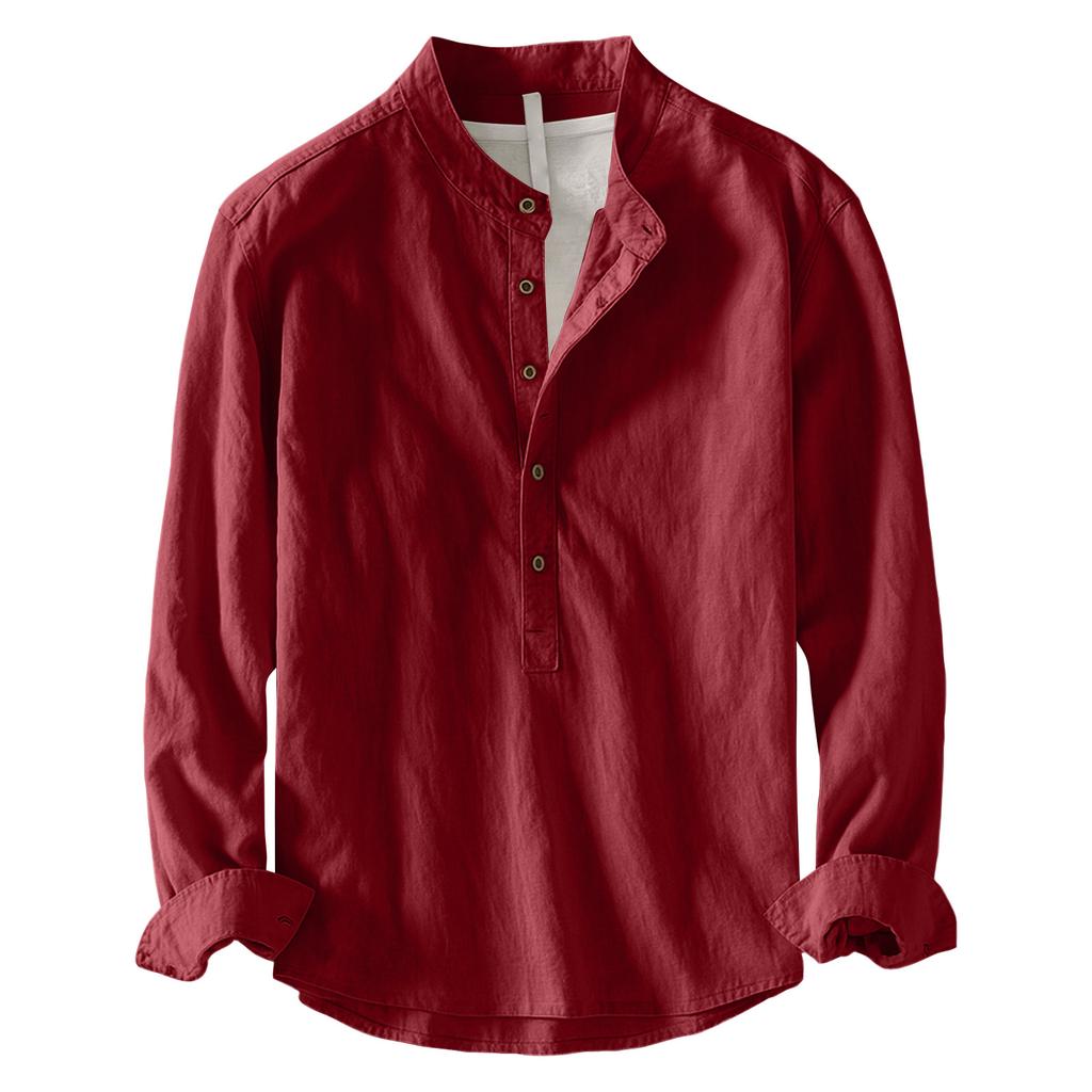 Men's Long Sleeve Slub Linen Pullover Shirt Casual Buttonless Top for Spring and Fall