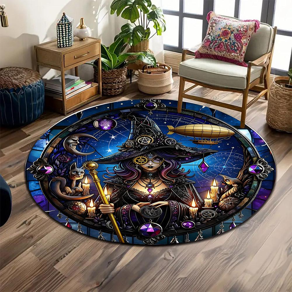 Mechanical Witch Pattern Printed Round Rug, for Living Room, Bedroom, Game Room, Non-slip Mat, Gift