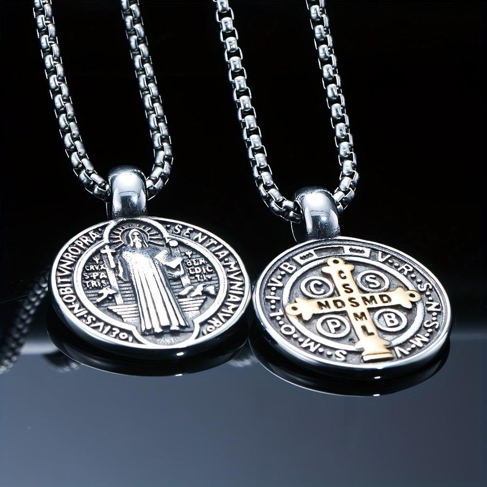 Jesus St. Benedict Pendant Necklace Vintage Round Double Sided Pattern Faith Necklace Ornament