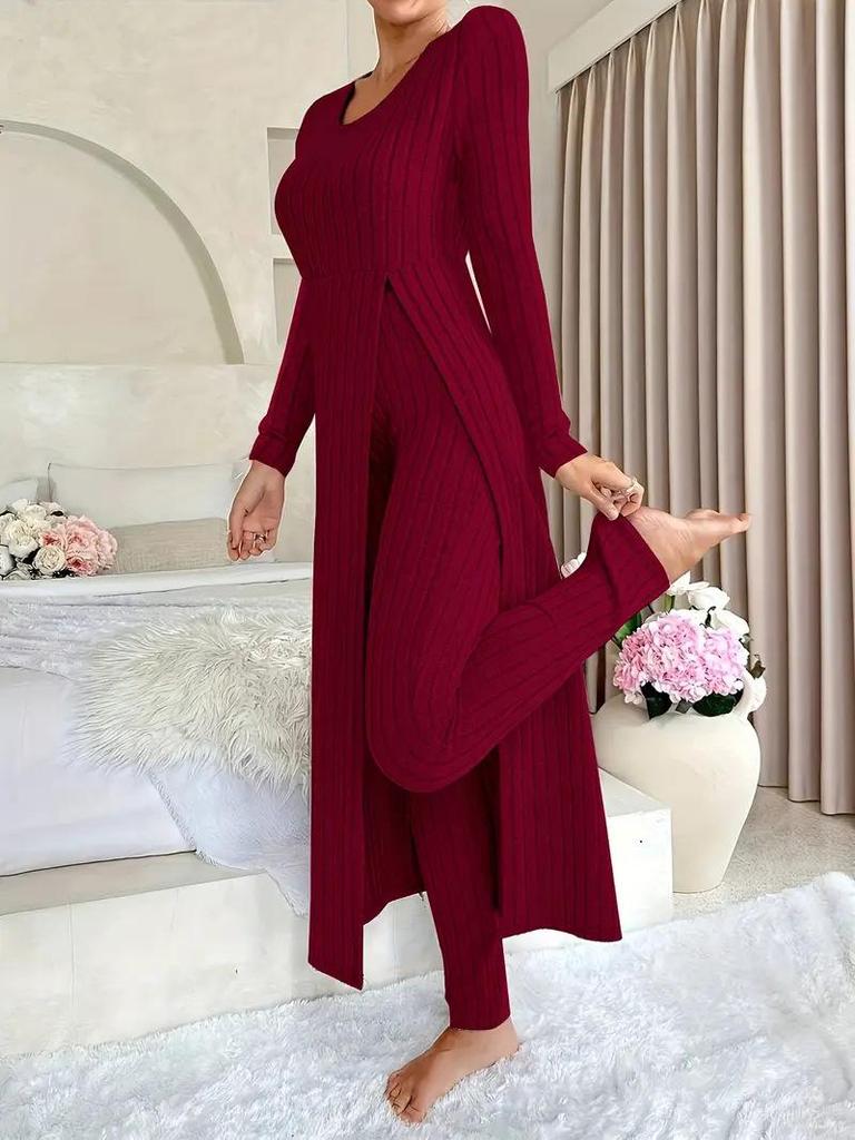 Damen Hellblaues V-Ausschnitt Strickset Langarm Oberteil und Hose mit Strickjacke
