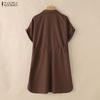 ZANZEA Vestido feminino casual gola virada para baixo verão manga curta