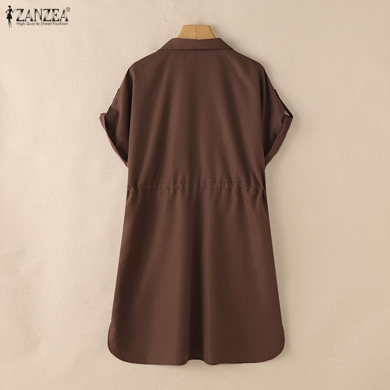 ZANZEA Vestido feminino casual gola virada para baixo verão manga curta