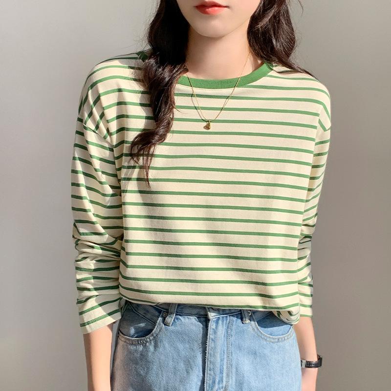 

Полосатая футболка с длинными рукавами для женщин, свободная, весна-осень 2024, новая нижняя рубашка с красным верхом из хлопка начала осени XL