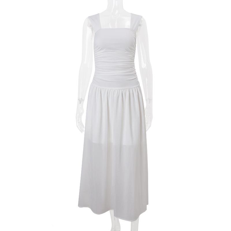 Rochie de vară 2023 în stil european-american, plisată, cu decolteu pătrat, din plasă, cu bretele spaghetti