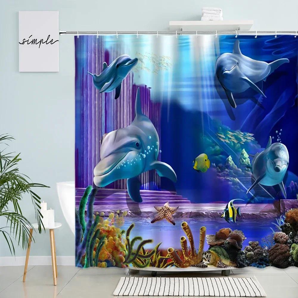 Funny Dolphin Shower Curtains Sunset Ocean Animals Tropical Fish Coral Children Bathroom Decor Polyester Bath Curtain with Hooks
