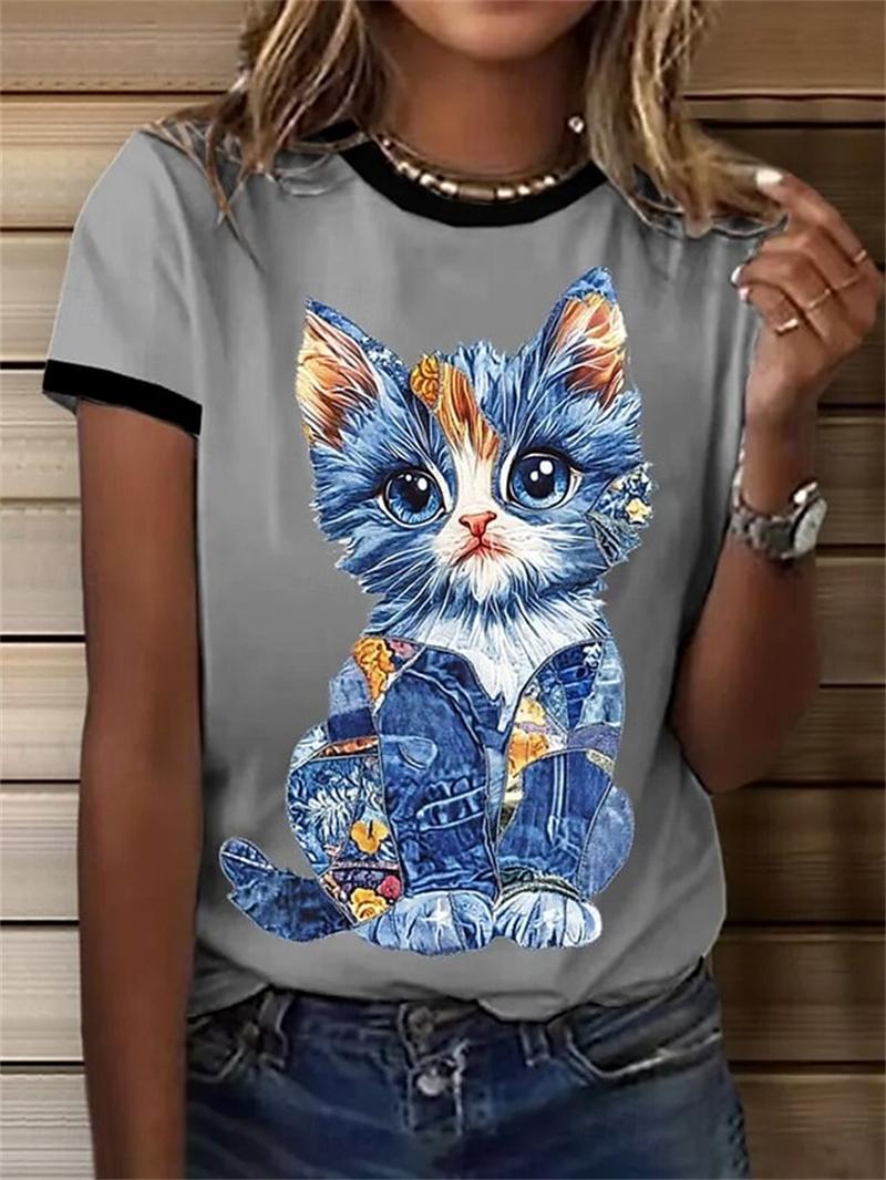 

Cartoon Graphic Women Round Neck 3D Print Animal Cat Pattern Summer Outdoor Casual Short Sleeve Fashion S