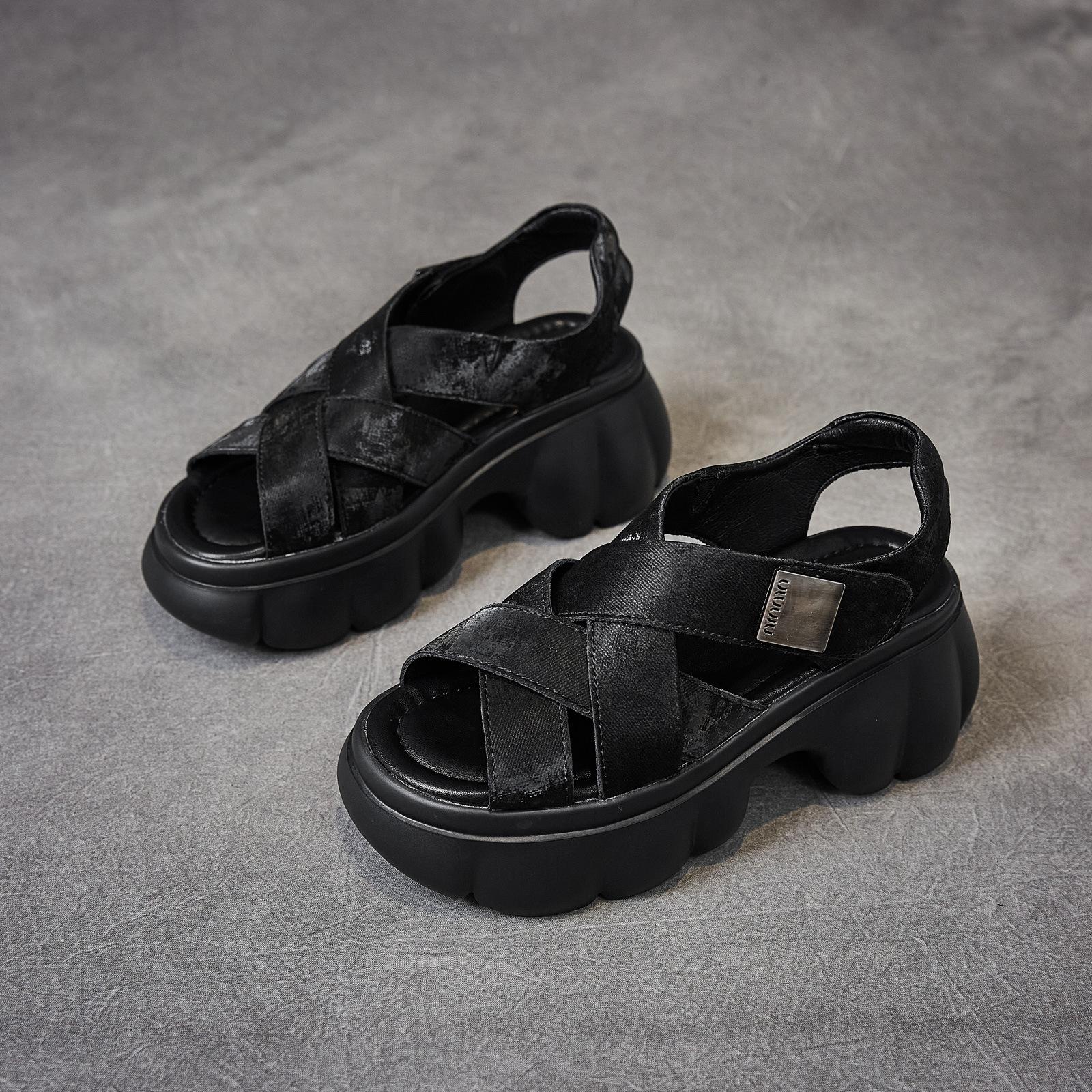 

Женские летние сандалии, новые кожаные сандалии на толстой подошве с плетеным верхом и открытым носком на липучке, увеличивающие тренд женской обуви 40 чёрный