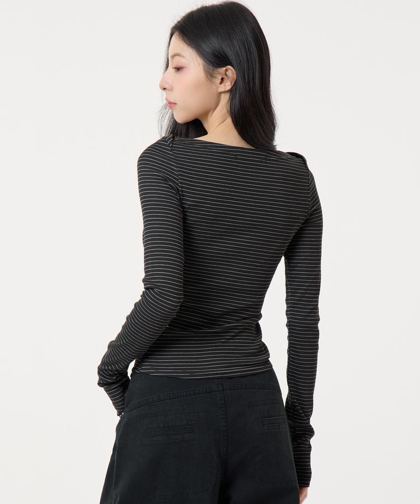 UNKNOWN PLANET Slim Striped Boat Neck Long Sleeve Top Black