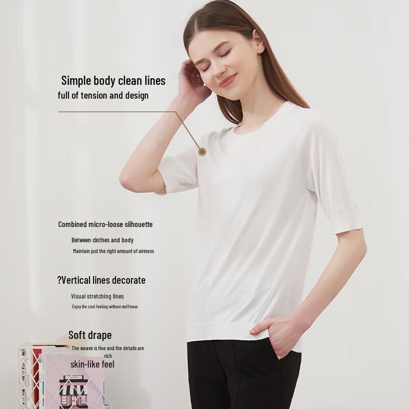 Women's Mulberry Silk Blend Crew Neck 5-Sleeve T-Shirt