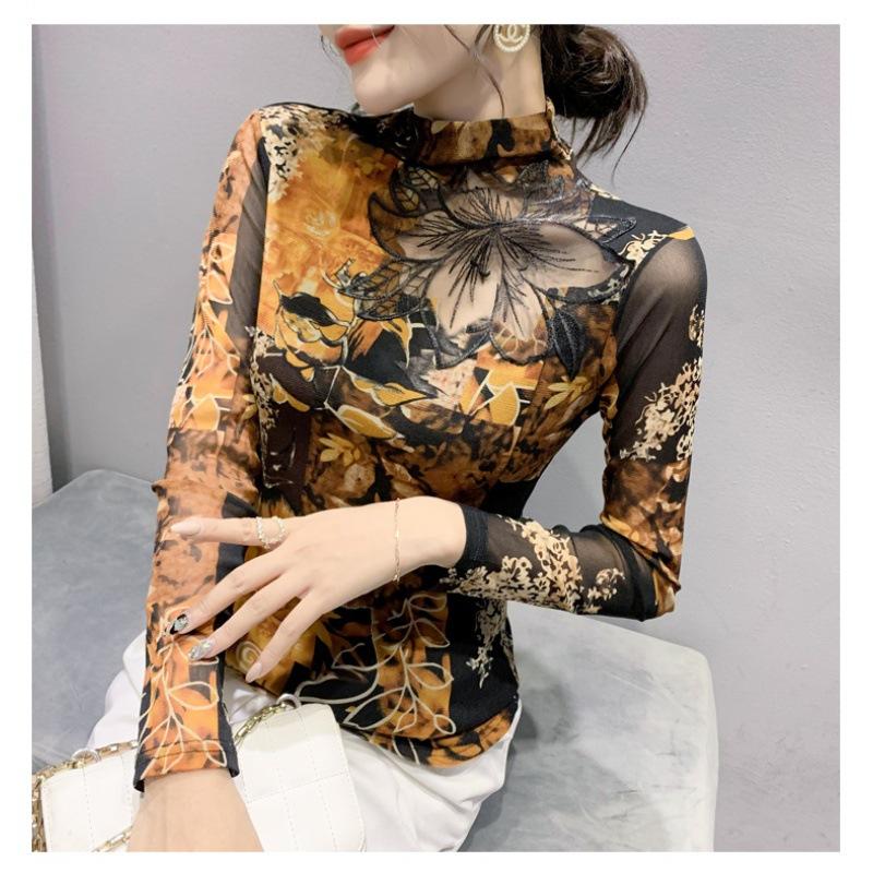 Mesh Hollow Short-sleeved T-shirt for Women's Spring and Autumn New Base Shirt Printed Top Sexy Half Turtleneck Shirt