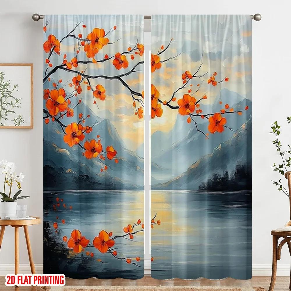 2pcs 2D Flat Printing Curtains Modern Abstract Mountain Flowers (2) Fabric Without Electricity All Season Party & Holiday Decor