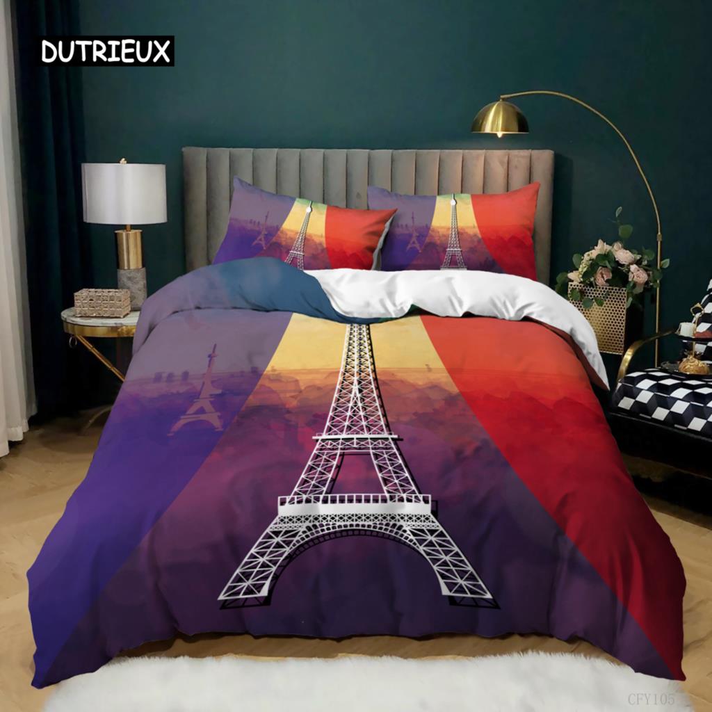 Eiffel Tower Duvet Cover Set King Paris Eiffel Tower Blue White Red Bedding Set Polyester World Famous Architectural Quilt Cover