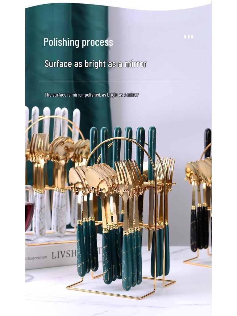 Set de tacâmuri din oțel inoxidabil cu model marmorat, 24 de piese - Cuțite, furculițe și lingurițe pentru desert