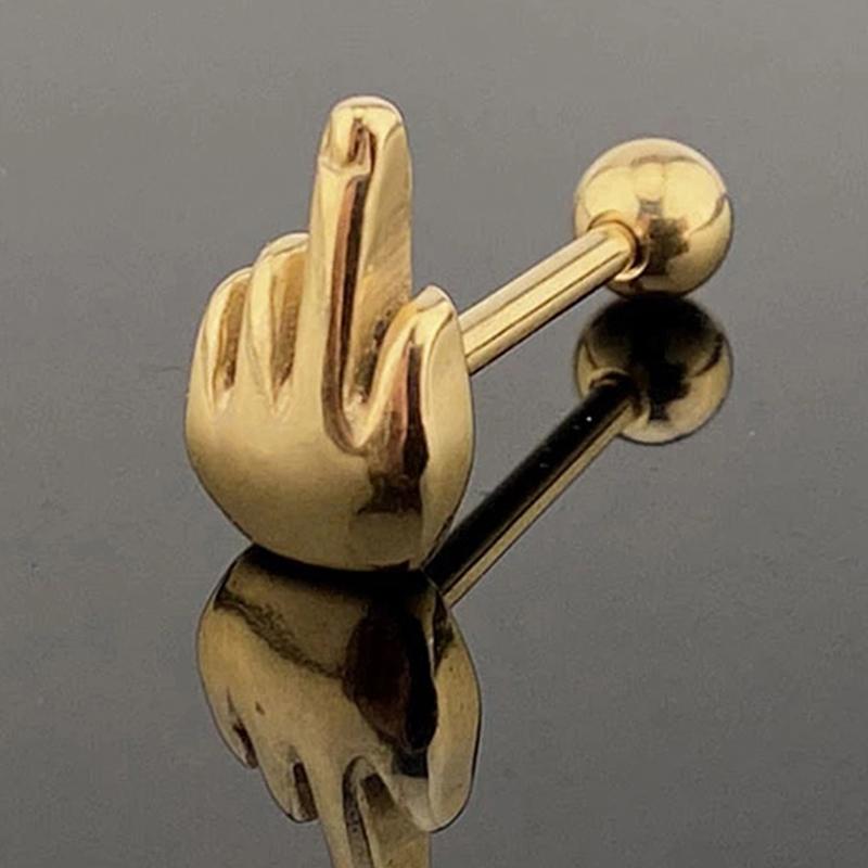 Surgical Steel Middle Finger Gesture Tongue Barbell Stud Piercing Rings Punk