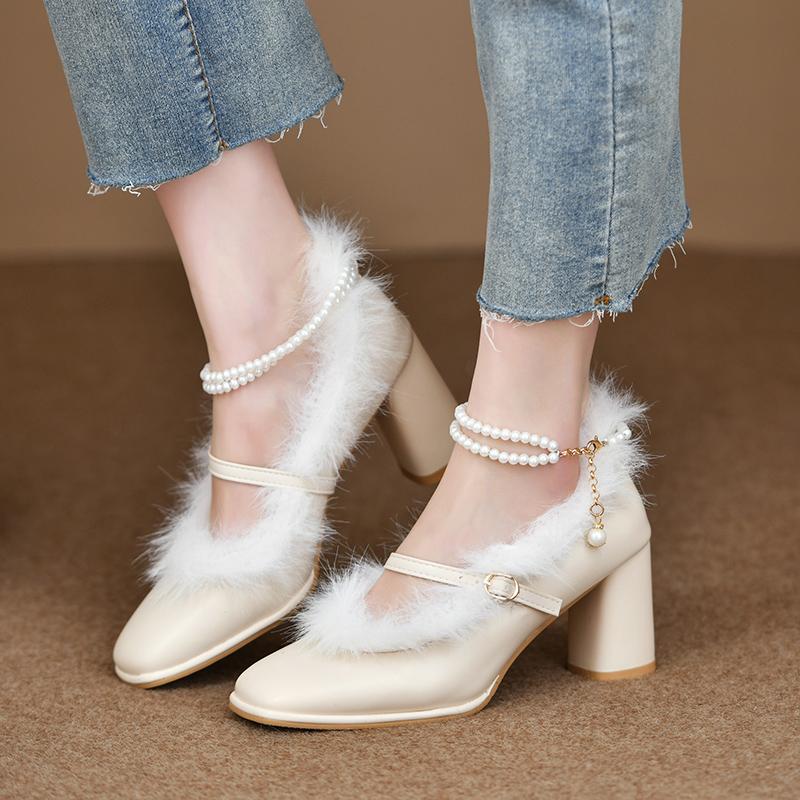 Fashion Women's Thick Heel Cotton Shoes Winter New Square Head Shallow Mouth Word with Anti-slip Wear-resistant High Heels