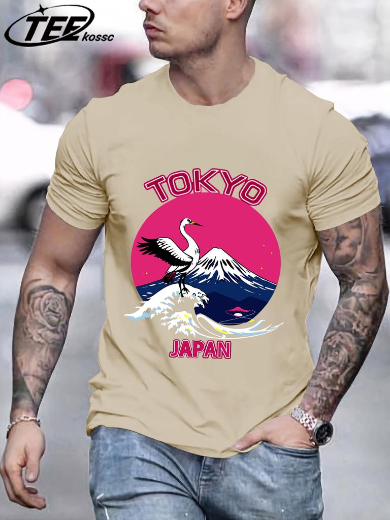 Tokyo Japan Mountain Wave Crane T Shirts Men AllMatch Cotton Basics TShirt Soft Summer Short Sleeve ONeck Loose Casual Top