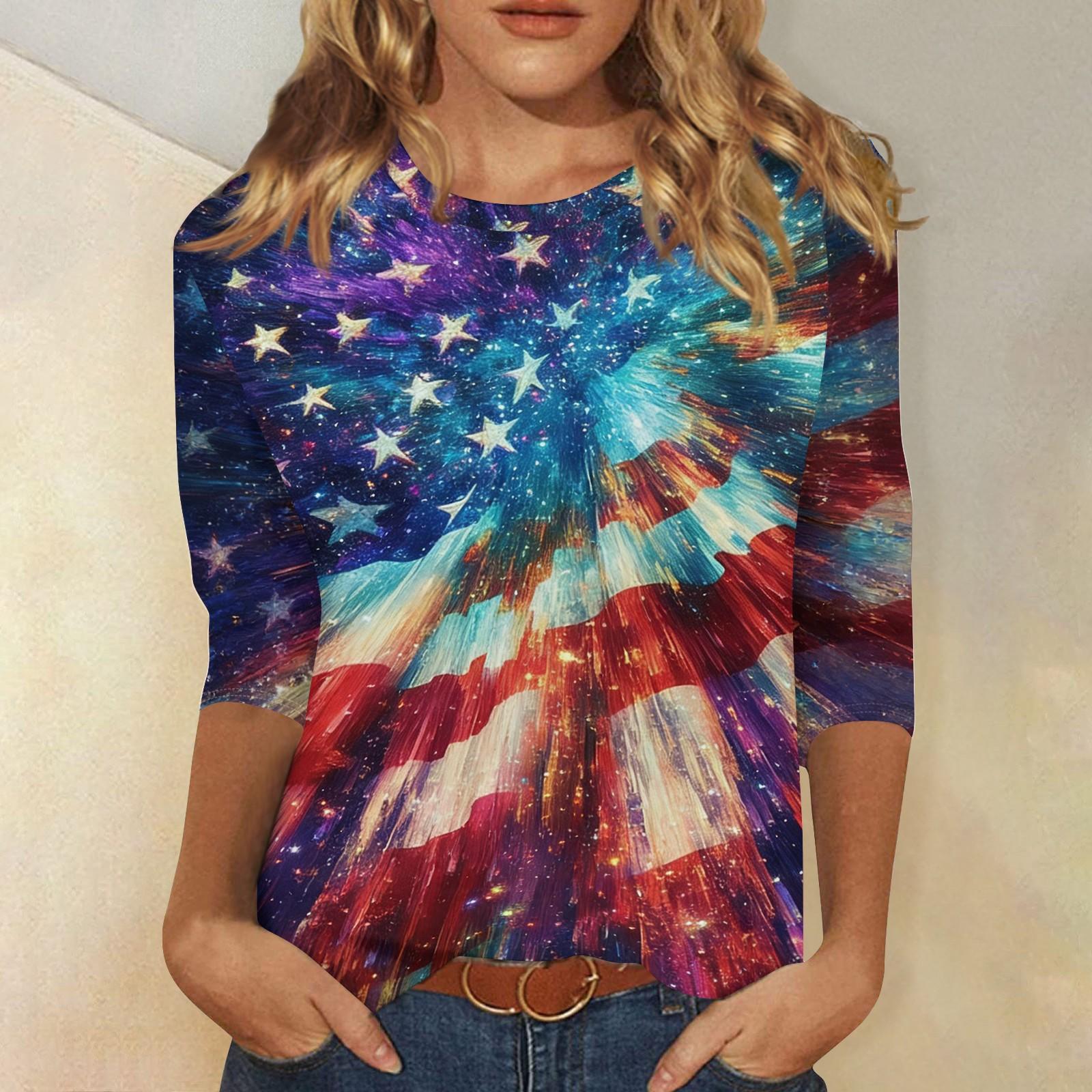 

Женская модная повседневная футболка с принтом американского флага и звезд ко Дню независимости, с вырезом, рукав три четверти L темно-синий