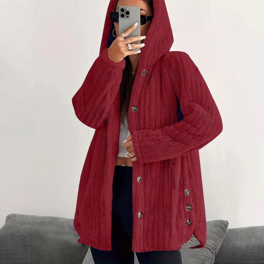Women's Hooded Fleece Cardigan Jacket Loose Long Sleeve Button Front Casual Coat Winter Outerwear