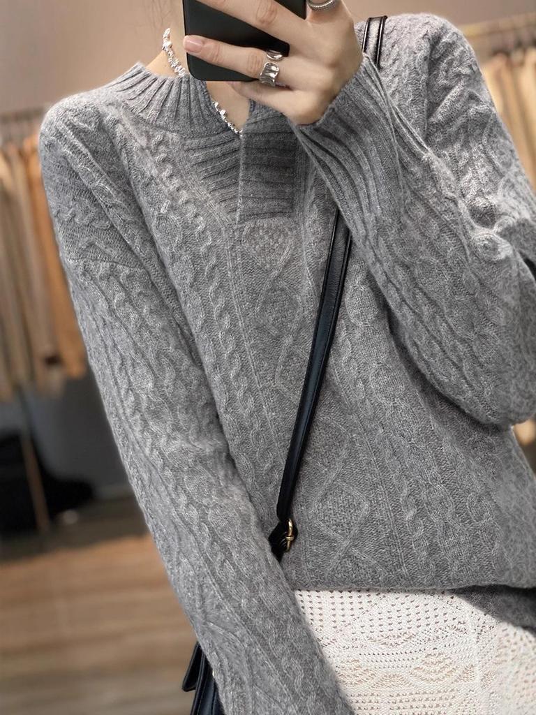 Dámský retro kašmírový svetr s argyle vzorem a výstřihem do V - Všestranný pletený pulovr s copánkovým vzorem na podzim/zimu