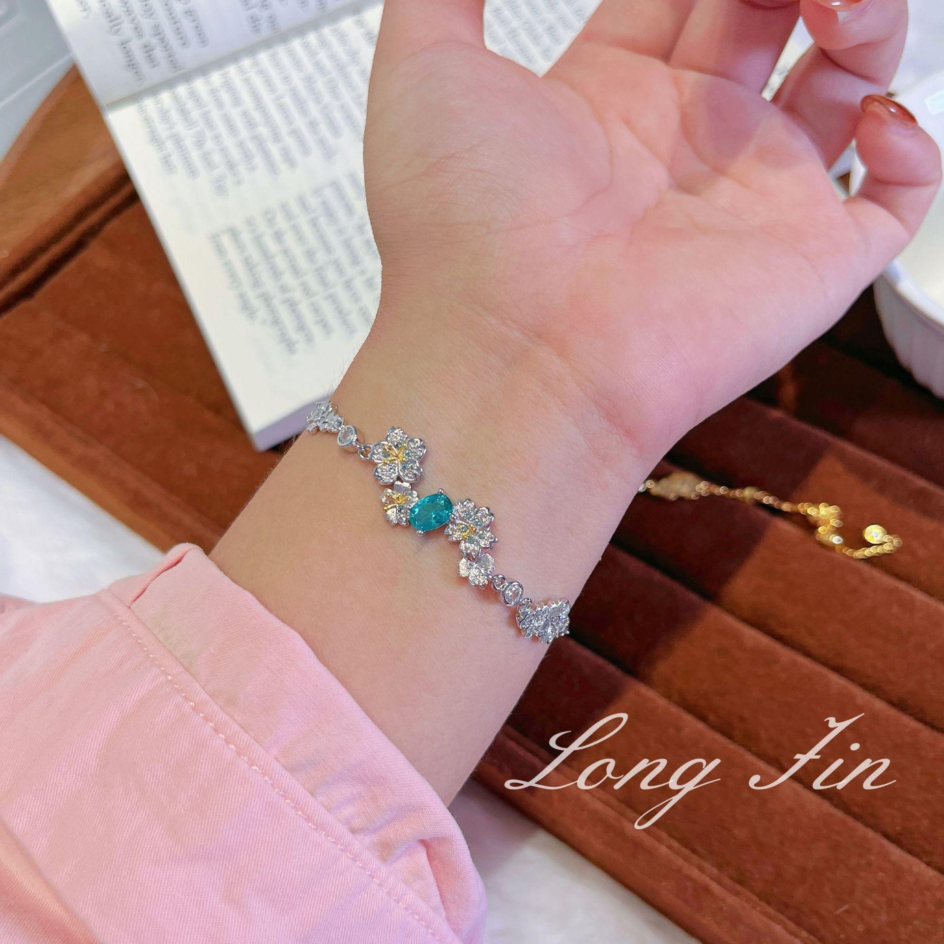 Vintage Brushed Cherry Blossom Paraiba Bracelet Niche Light Luxury Exquisite High-End Jewelry
