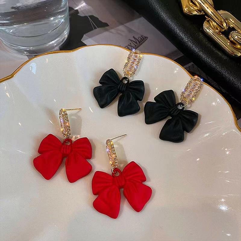 Women French Style Black Ribbon Bow-knot Earrings for Girls Unique Cute Golden Silver Elegant Black Bowknot Stud Earring
