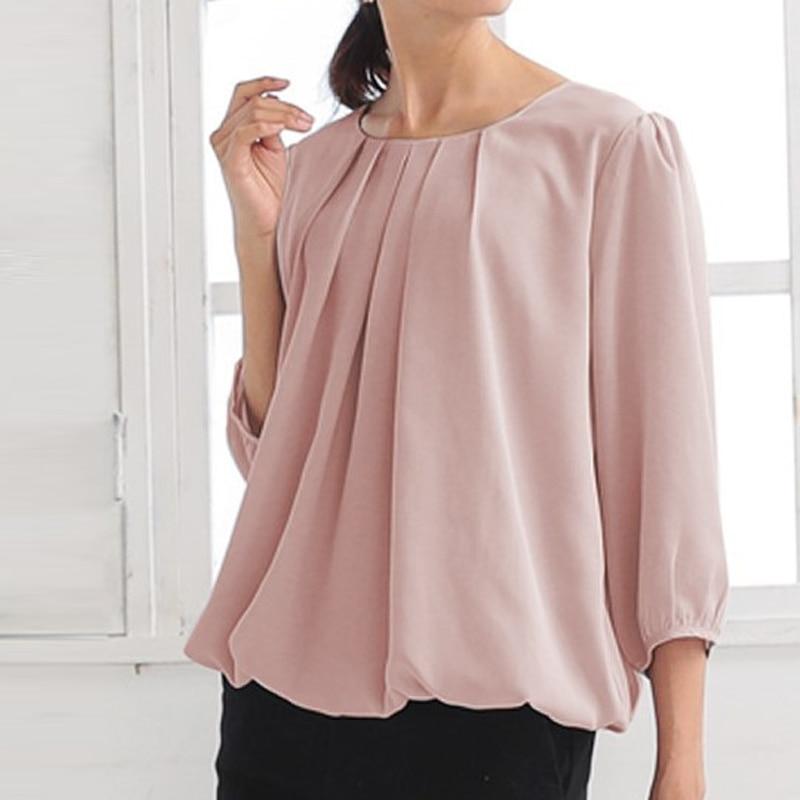 Elegant plissert bluse avslappet ensfarget chiffonskjorte dametopper vår sommer trekvart erme klær Blusa Mujer 25899
