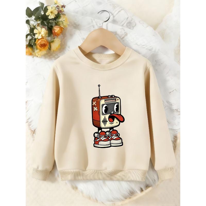 Unisex Kids Crewneck Sweatshirt, Vintage Cartoon Radio Robot Sneaker Print Long Sleeve Pullover, Boys Girls Sweatshirt For Kids Over 4 Years Old