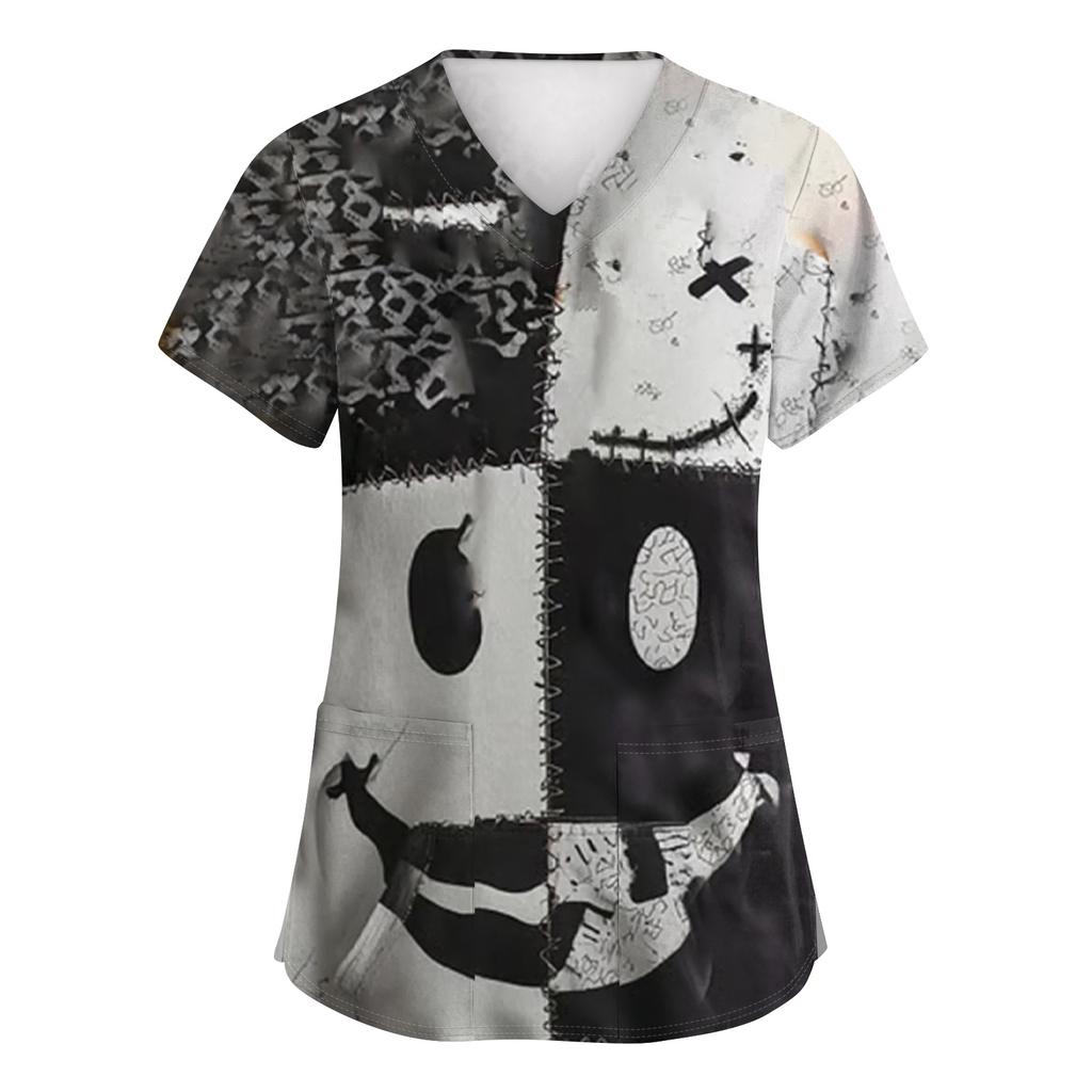 Women's Fashion Short Sleeve Halloween Print V-Neck Pocket Workwear Tops