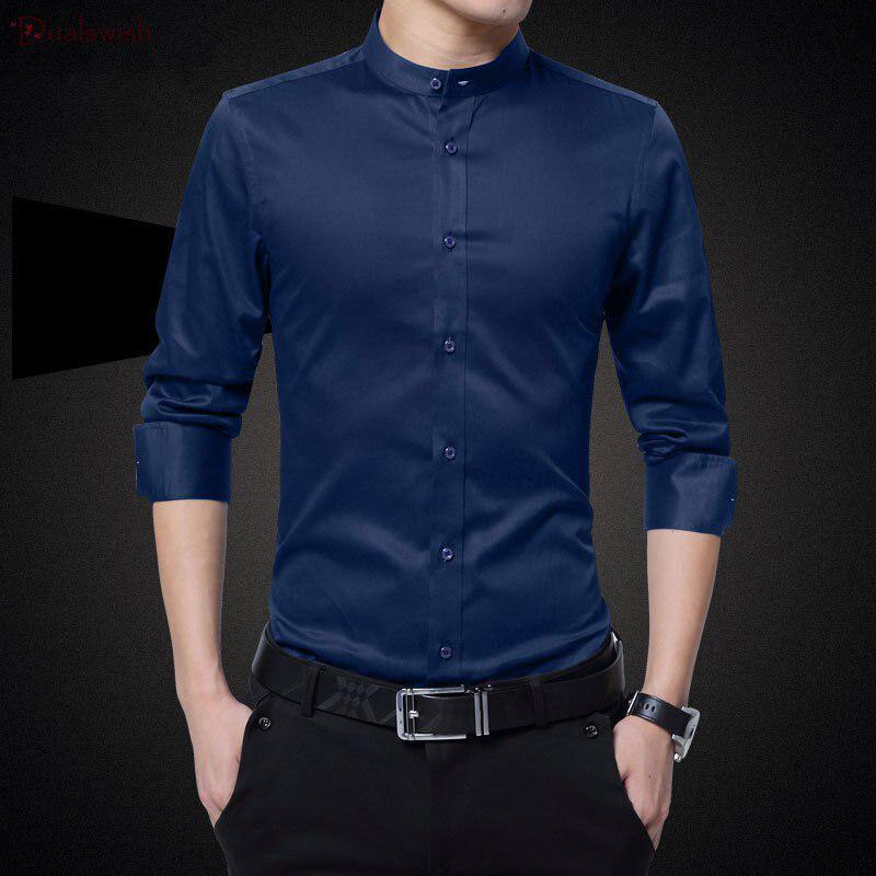Nuove Camicie da Uomo Business Manica Lunga Collo alla Coreana Cotone Camicia Maschile Vestibilità Slim Design Popolari