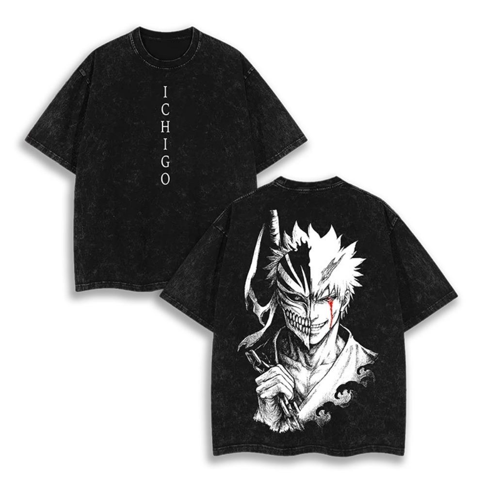 Washed Oversized Bleach Anime Graphic Print Tshirt Women Ichigo Kurosaki Bankai Hollow Bleach Female Unisex Clothing Tee