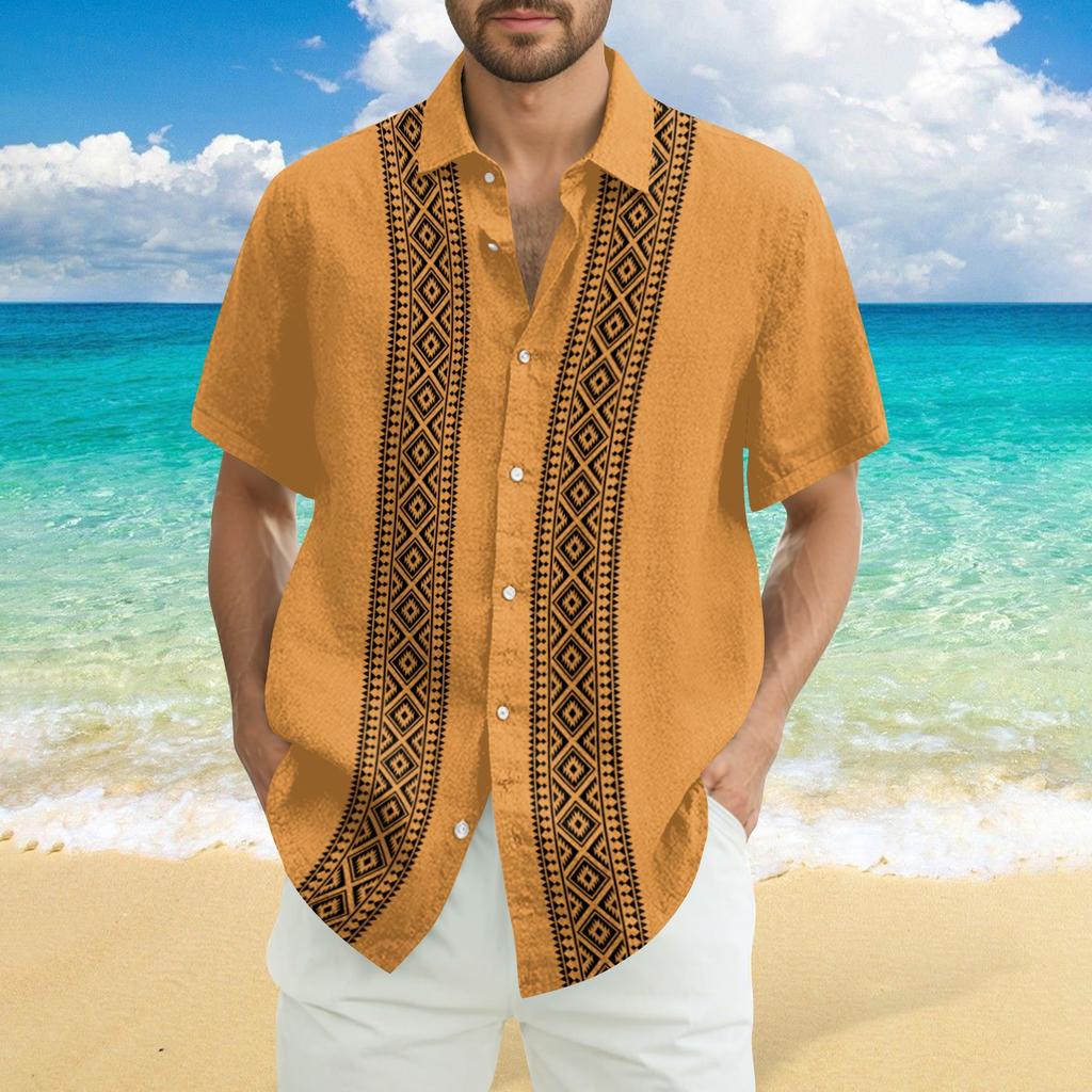 Men's Fashionable Casual Loose Striped Printed Beach Short-sleeved Shirt