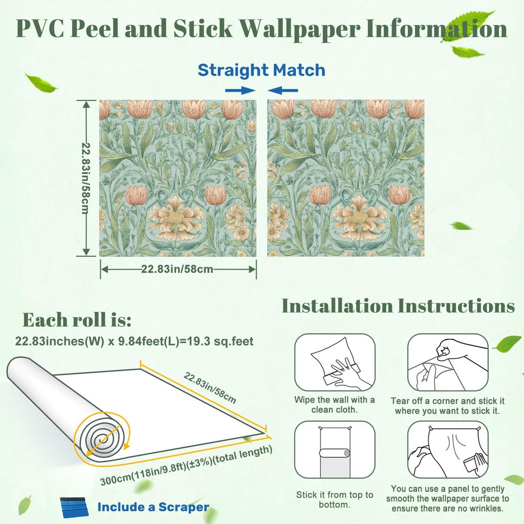 Vintage Floral Botanical Pastel Wallpaper 22.83"X118" Waterproof Wallpaper for Living Room/Bedroom/Bathroom PVC Wall Sticker