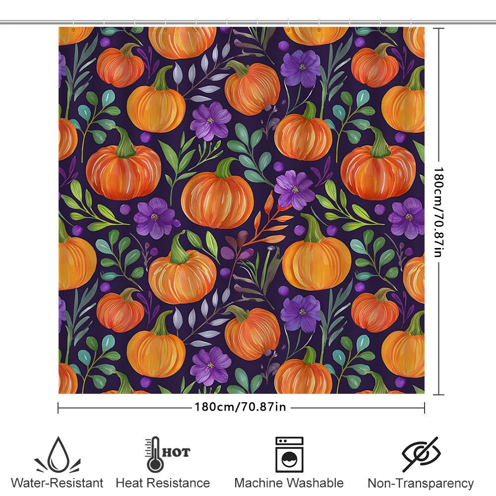 Seasonal Fall Bathroom Decor Orange Pumpkins Purple Flowers Shower Curtain For Home Bath Decoration Waterproof Fabric Size 72X84