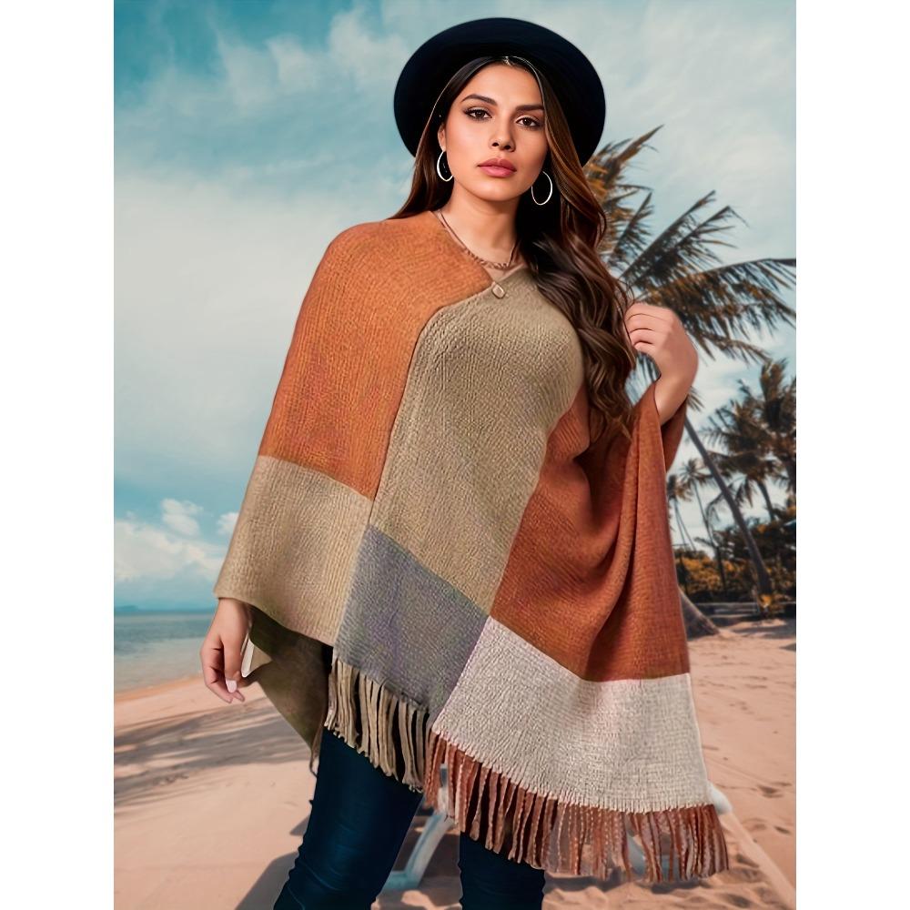 Plus Size Women Color Block Knit Cape Sweater, Batwing Sleeve Pullover Shawl for Autumn Winter