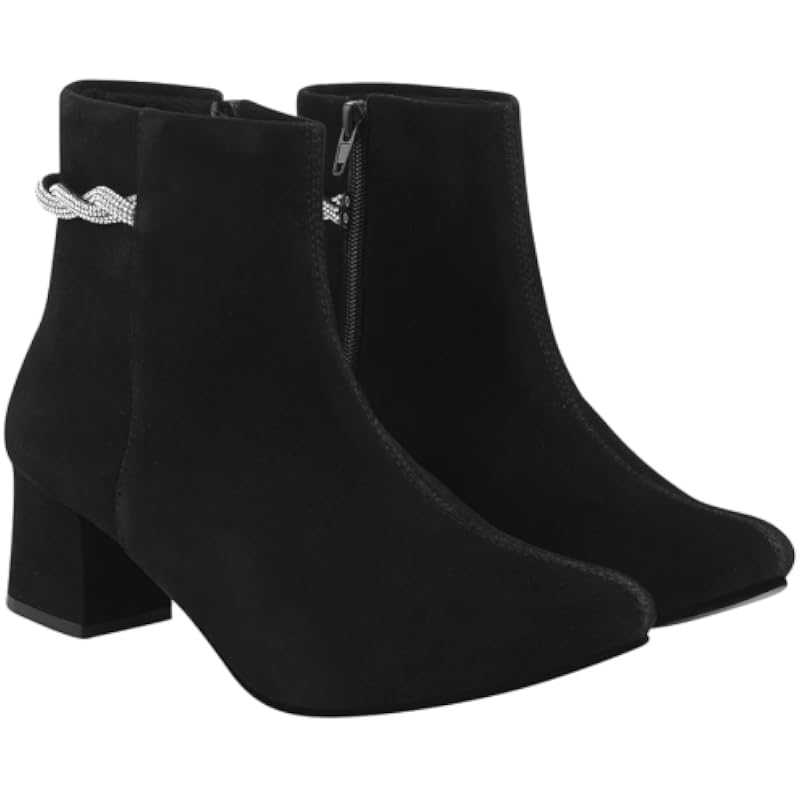 Shoetopia Women'S Black Suede Ankle Boots With Block Heel And Rhinestone Knot Detail||Side Zip Fashion Booties For Fall