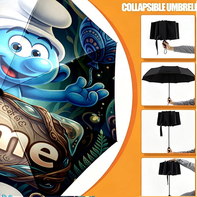 Custom Name Personalized The Smurfs Print Umbrella, Auto Open Close, 8‑Rib Sturdy Frame, Commute Camping Hiking Use, Birthday Gift