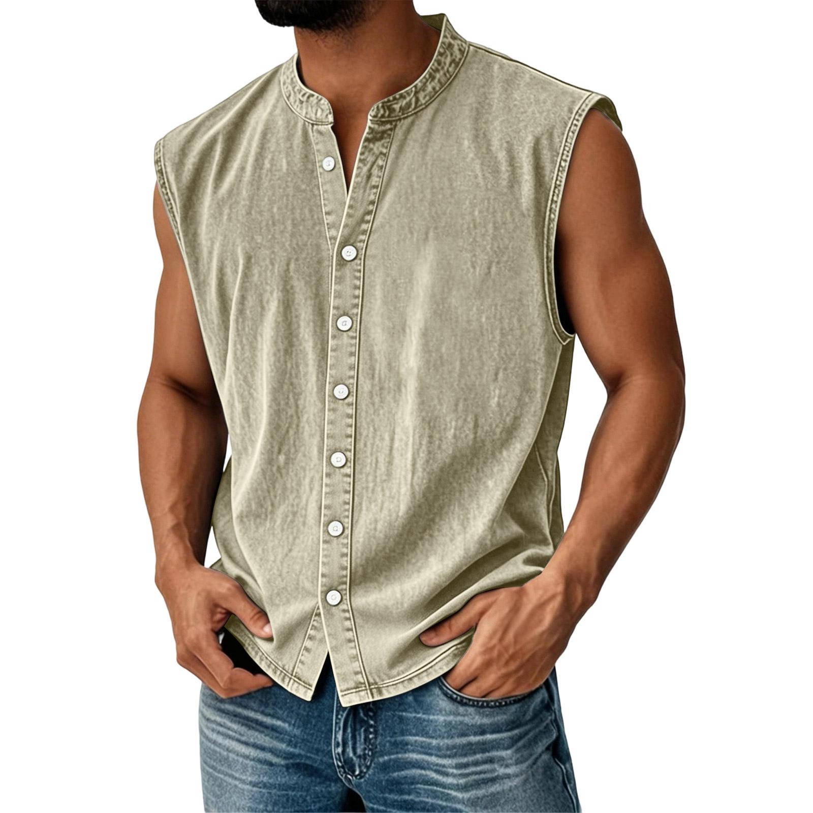 

Men s Sleeveless Button Down Denim Shirt Casual Stand Collar Relaxed Fit Lightweight Vintage Washed Top XL хаки