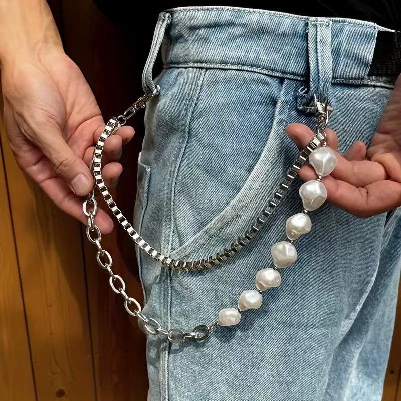 Trendy Euro-American Hip-Hop Pearl Patchwork Waist Chain Cool Jeans Pocket Chain with Metal Chain and Pearls Unisex