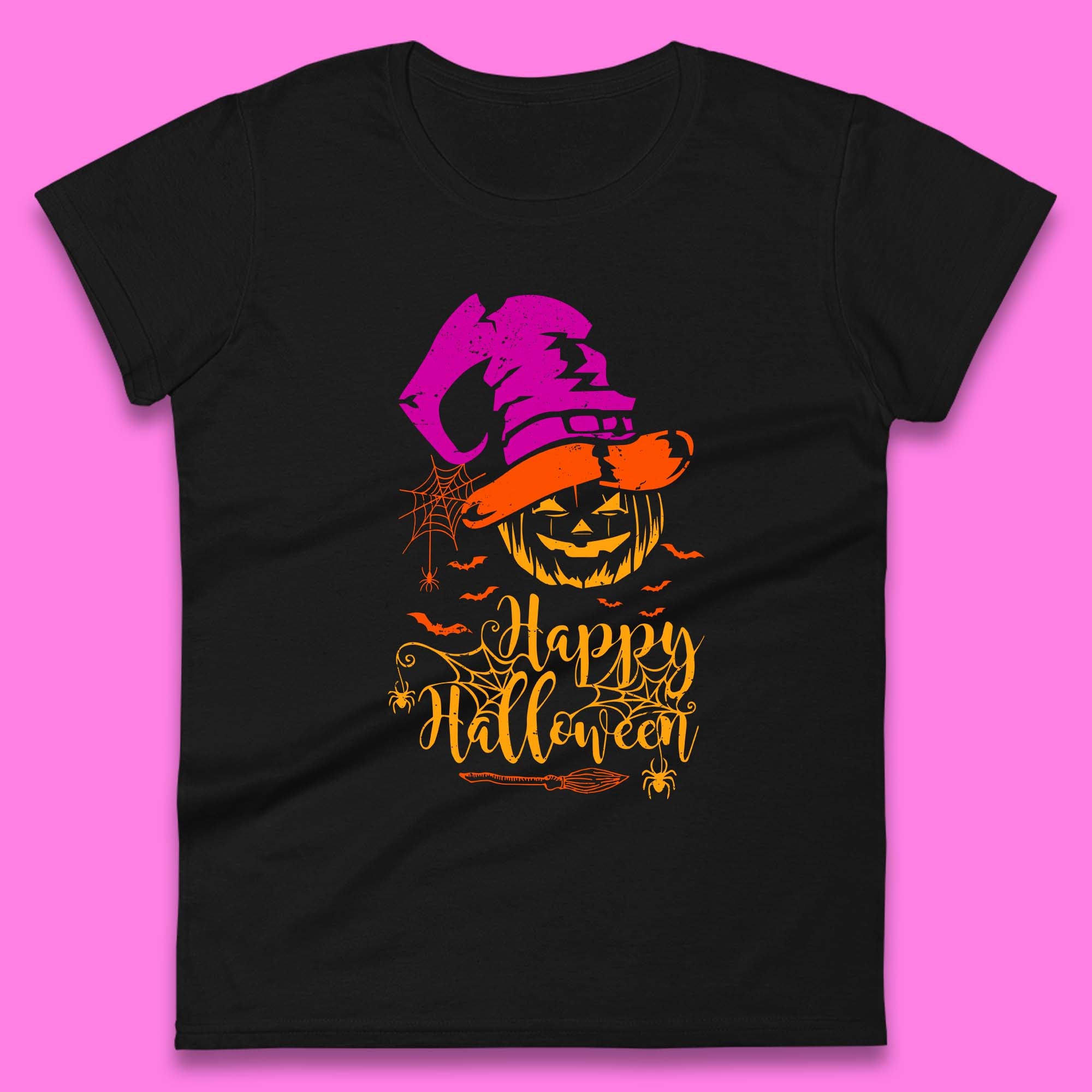 Happy Halloween Witch Hat Pumpkin Horror Scary Jack-o-lantern Flying Bats Womens Tee T Shirt Mens Tops Unisex Top 4XL