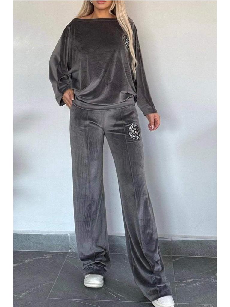 2024 Trendy Dames Goud Fluweel Vleermuismouw Tweedelige Set - Herfst/Lente