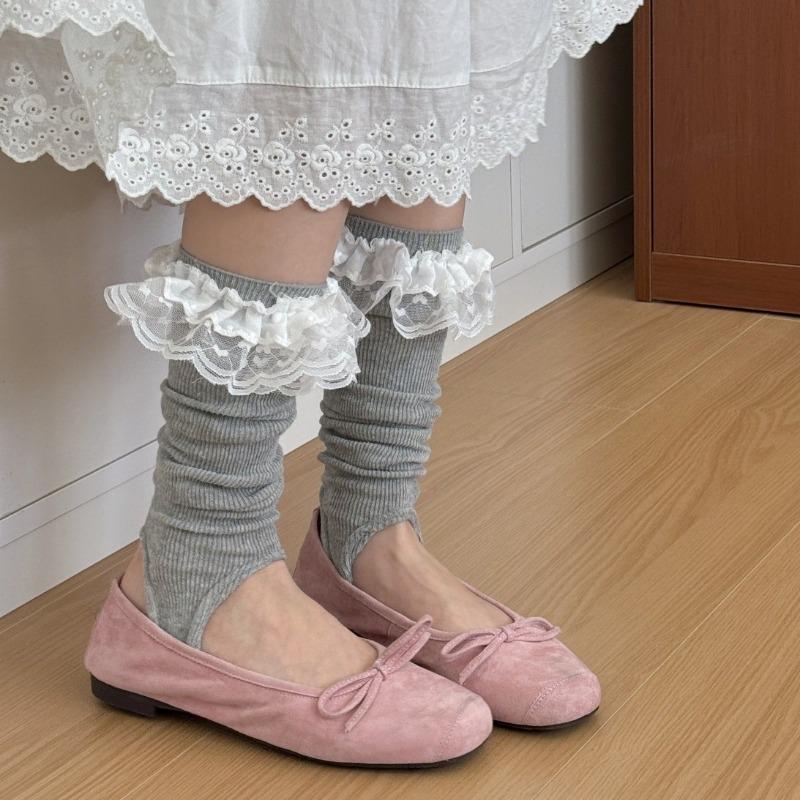 Foot Treading Pile Socks Summer Lace Edge Solid Color Boneless Socks Mid-calf Socks for Women
