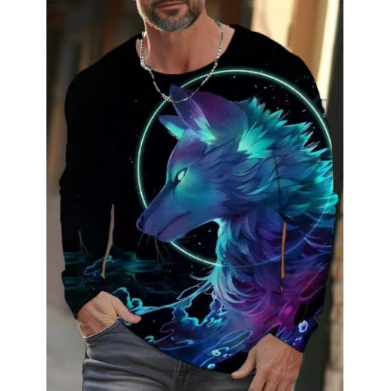 Round Neck 3D Animal Wolf Pattern Printed Top Fashionable Casual Long Sleeved Men's T-shirts